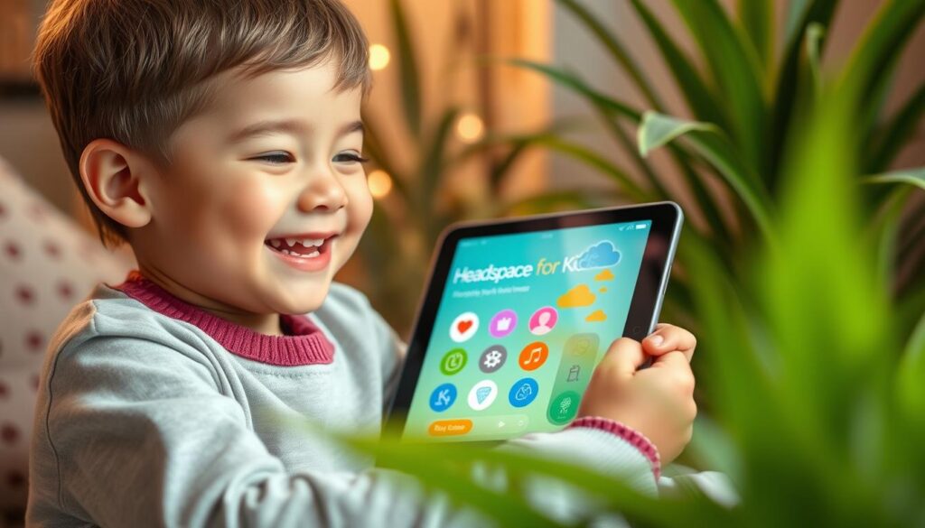 Generate an image of a smiling child using a tablet with the Headspace for Kids app open, surrounded by calming elements like plants and soft lighting.