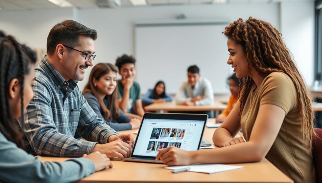 Generate an image of a teacher using Google Classroom on a laptop