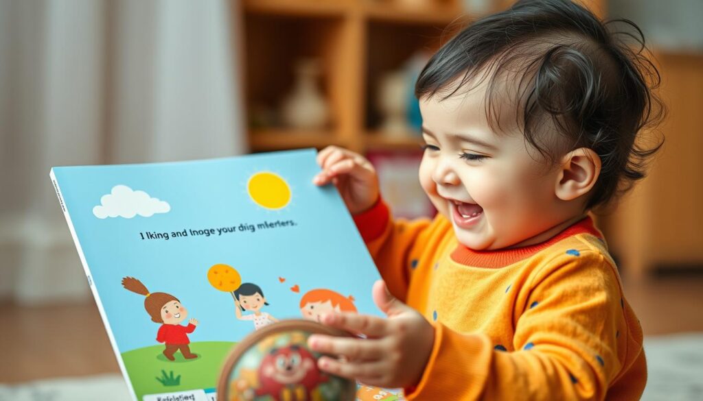 Generate an image of a toddler interacting with a lift-the-flap book.