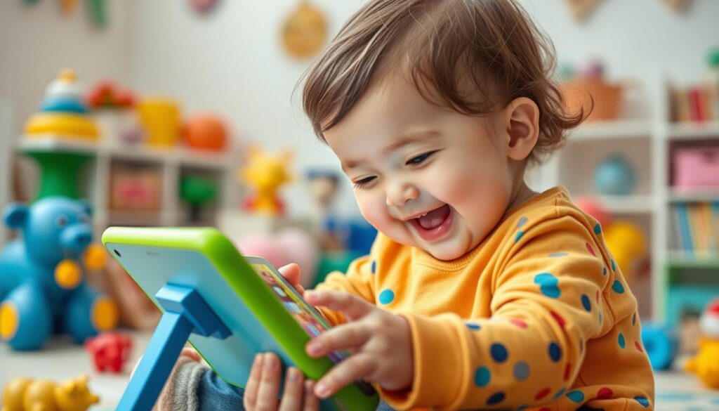 Generate an image of a toddler playing with the Pok Pok Playroom app on a tablet.