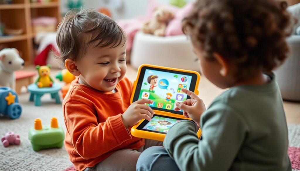 Generate an image of a toddler playing with the Sago Mini World app on a tablet.