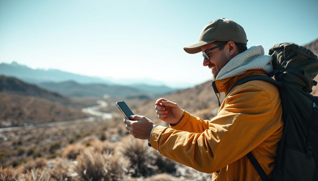 Generate an image of a traveler using Lunesia in a remote area without internet.