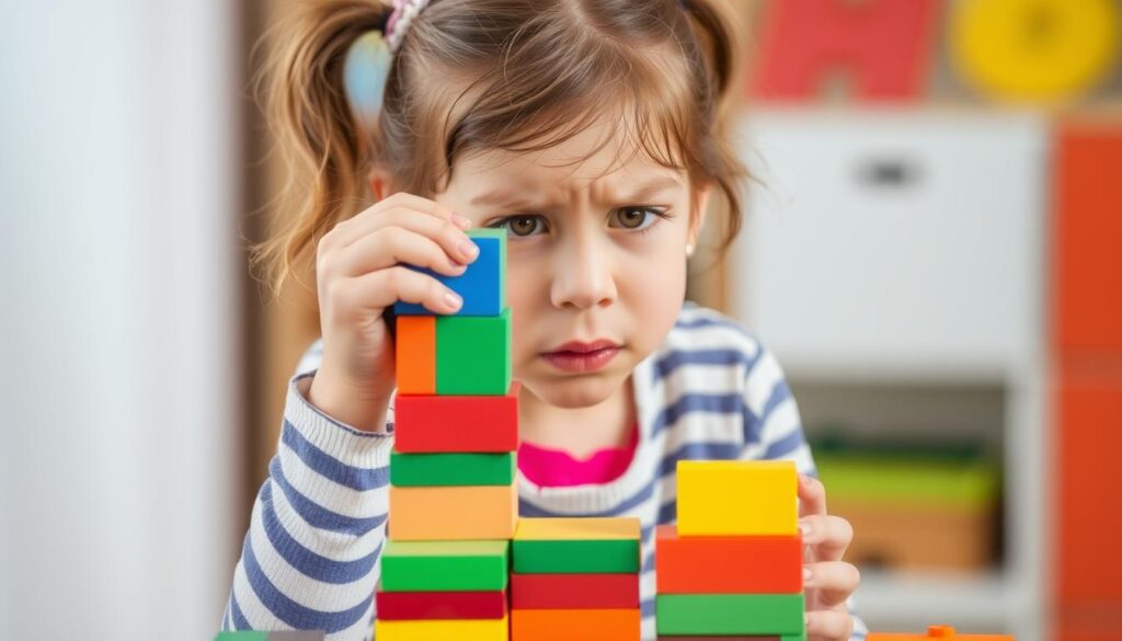 Generate an image of a young girl building with blocks, with a frustrated expression.