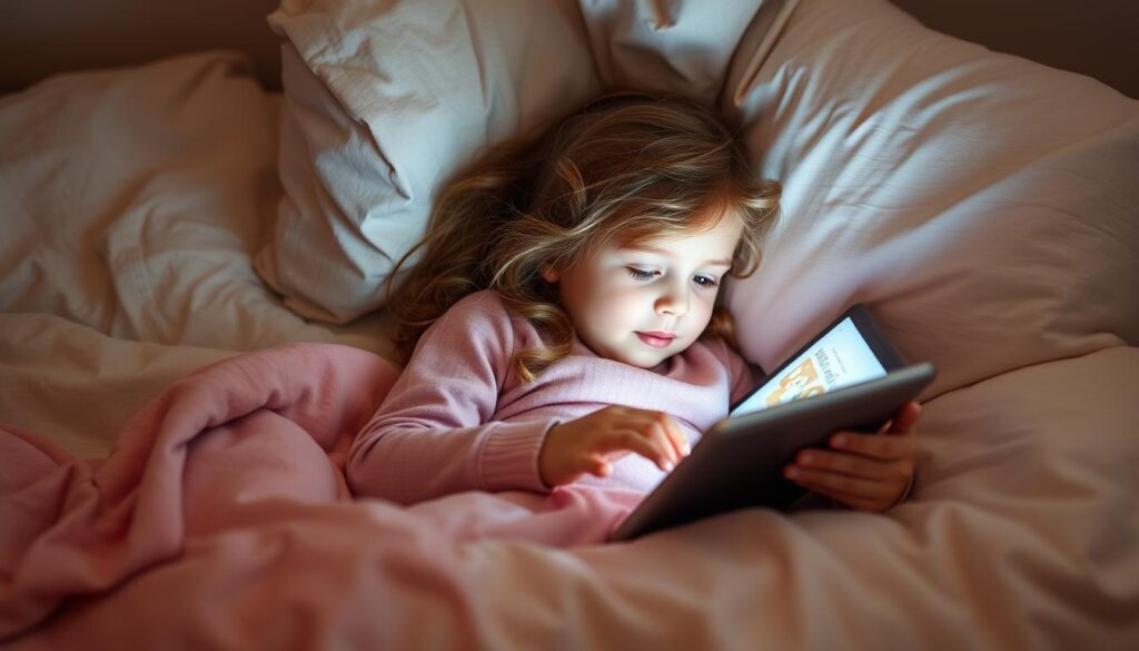 Generate an image of a young girl snuggled up in bed, listening to a bedtime story on a tablet with a gentle, calming background.