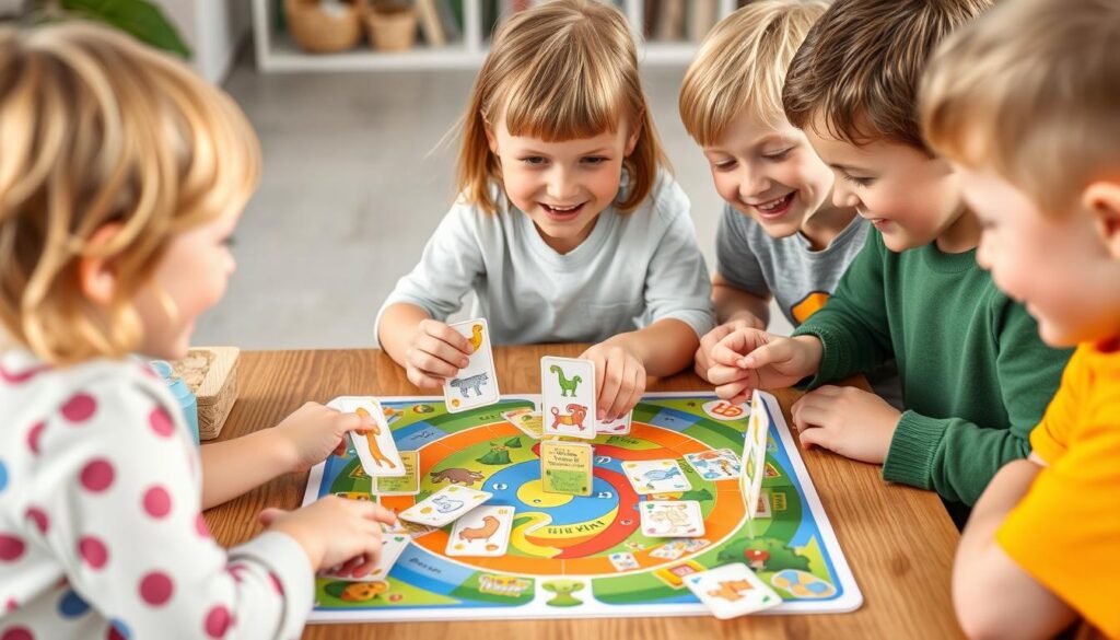 Generate an image of children playing Sequence for Kids, focusing on the game board and the matching of animal cards.