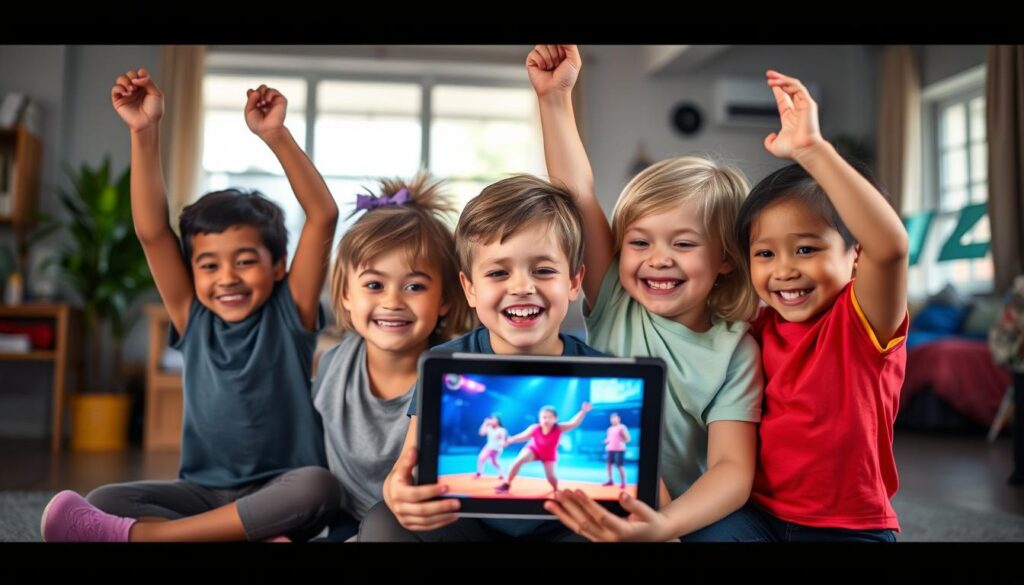 Generate an image of kids dancing and exercising to a fun video on a tablet.