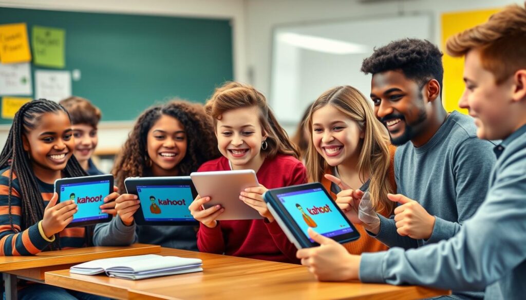 Generate an image of students playing Kahoot on their tablets