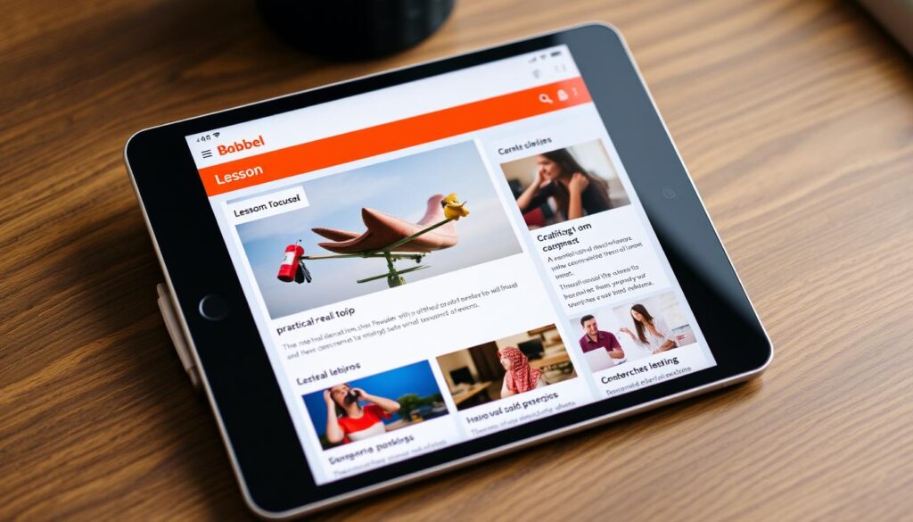 Generate an image of the Babbel app interface on a tablet, showcasing a lesson on a practical, real-world topic.