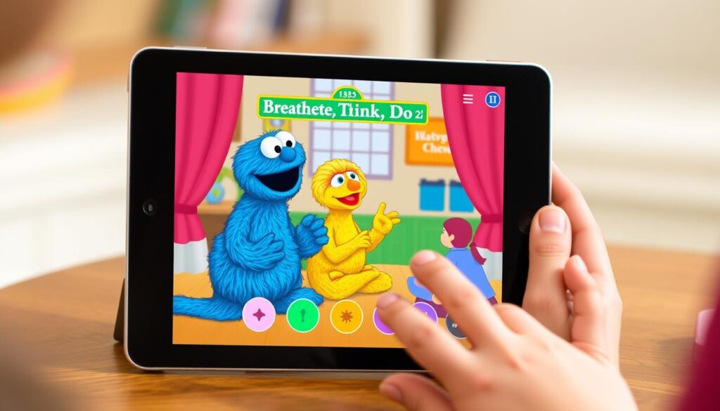 Generate an image of the Breathe, Think, Do with Sesame app interface on a tablet, showing a Sesame Street character guiding a child through a breathing exercise.