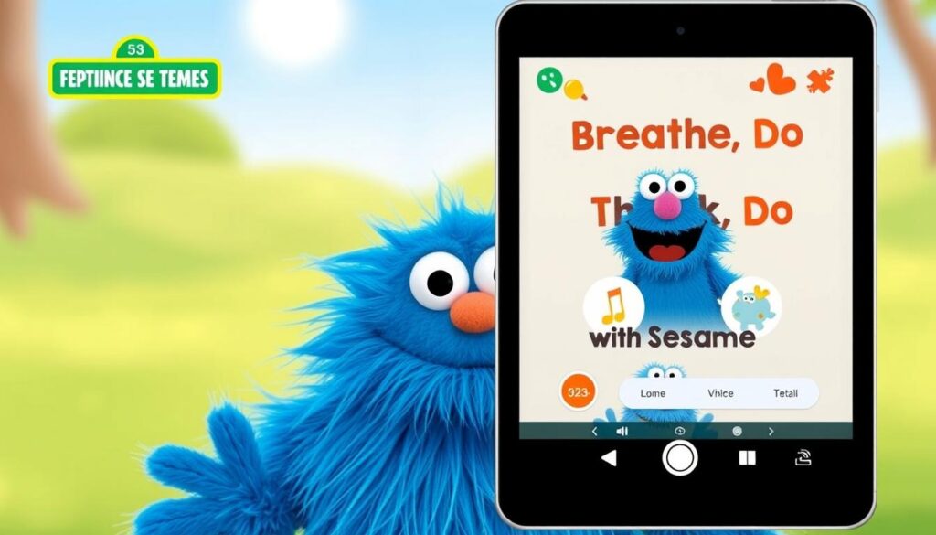 Generate an image of the Breathe, Think, Do with Sesame app's home screen featuring the friendly blue monster.