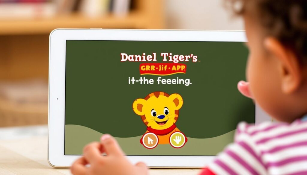 Generate an image of the Daniel Tiger's Grr-ific Feelings app logo on a tablet screen, with a child happily interacting with the app.