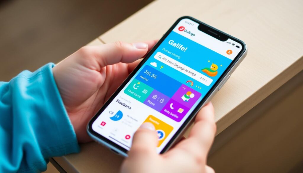 Generate an image of the Duolingo app interface on a mobile device, showcasing its gamified language learning features.