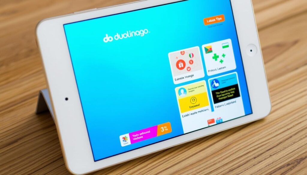 Generate an image of the Duolingo app interface on a tablet.