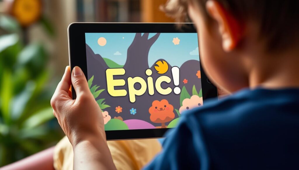 Generate an image of the Epic! app logo on a tablet screen, showing a child reading a digital book with interactive elements.