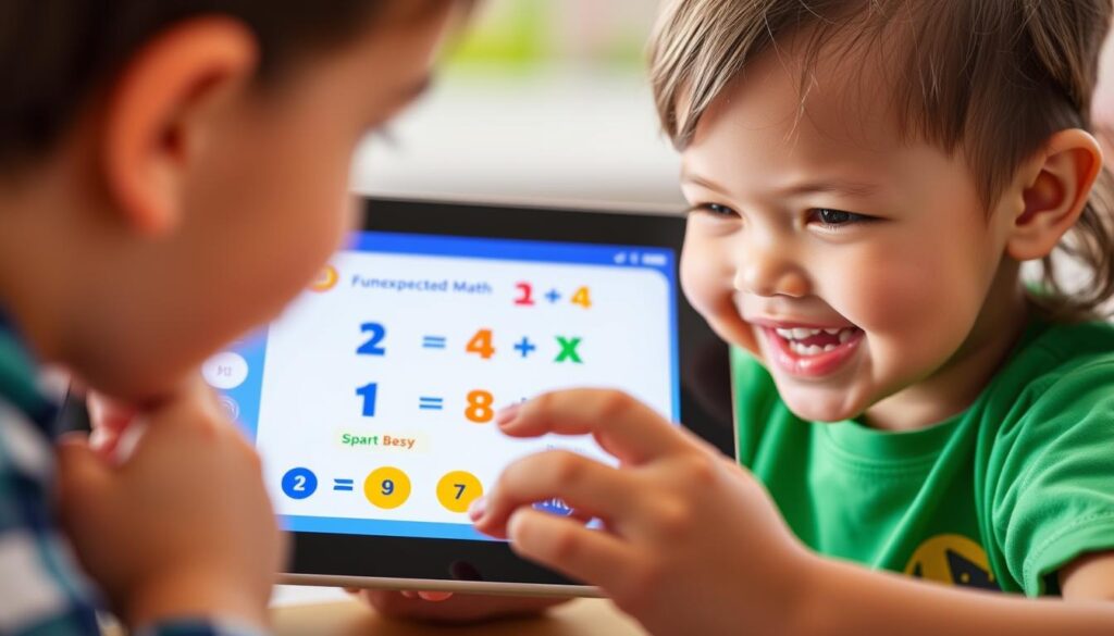 Generate an image of the Funexpected Math app showing a child solving a math problem.