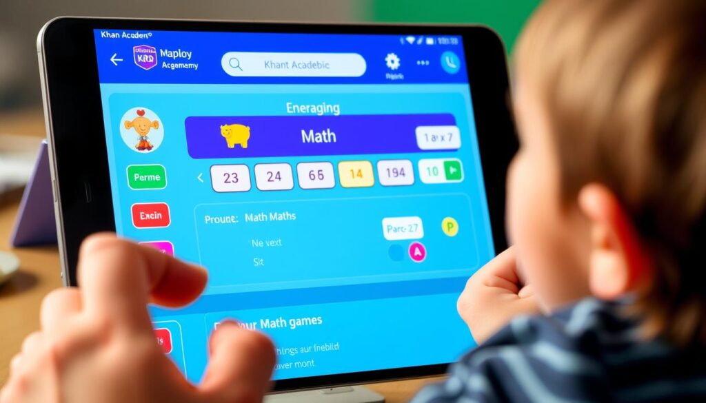 Generate an image of the Khan Academy Kids app interface showing a child engaging with a math game.