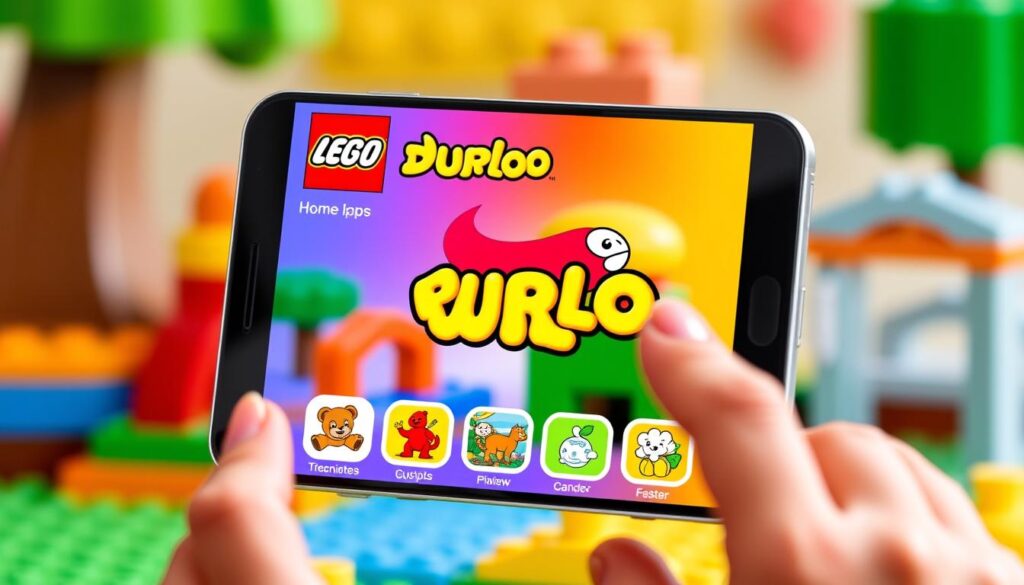 Generate an image of the LEGO DUPLO World app's home screen, showcasing its colorful and engaging interface.