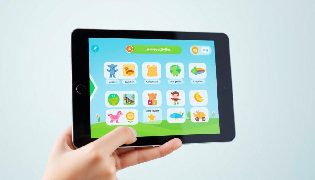 Generate an image of the Lunesia app interface on a tablet, showing various learning activities for toddlers.