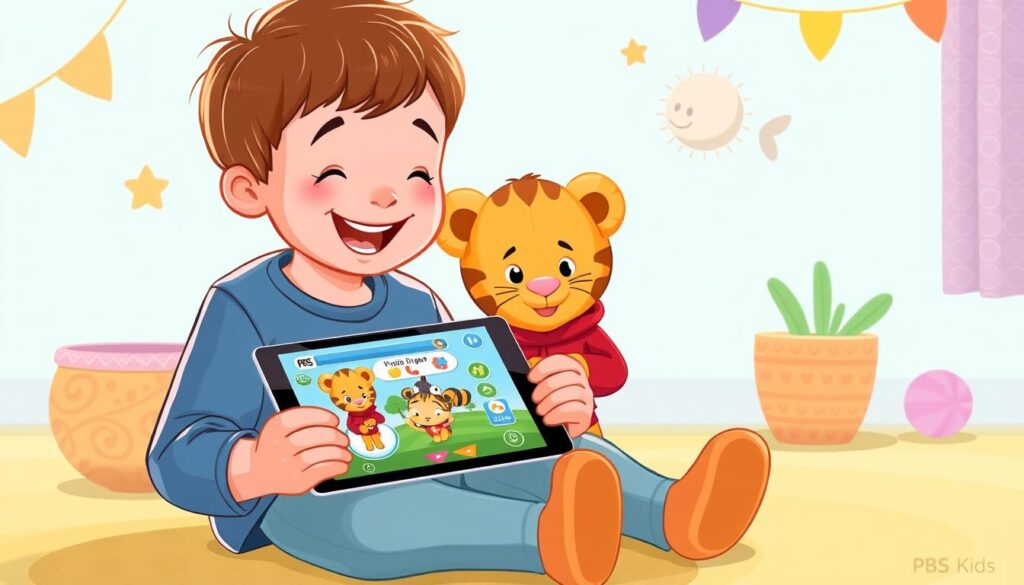 Generate an image of the PBS Kids Games app featuring a child playing with Daniel Tiger.