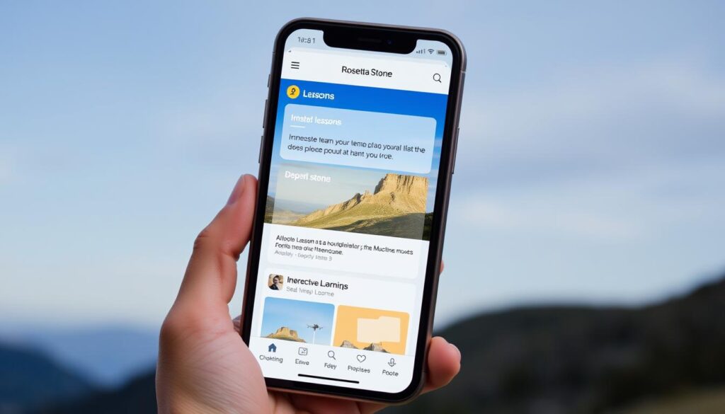 Generate an image of the Rosetta Stone app interface showcasing its immersive learning features.