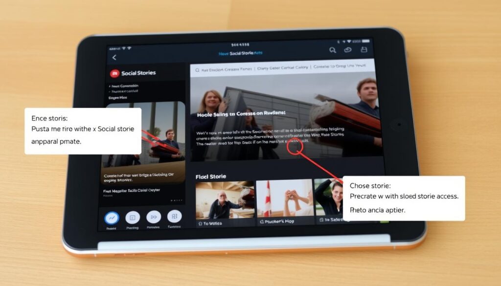 Generate an image of the Social Stories Creator app interface on a tablet screen.
