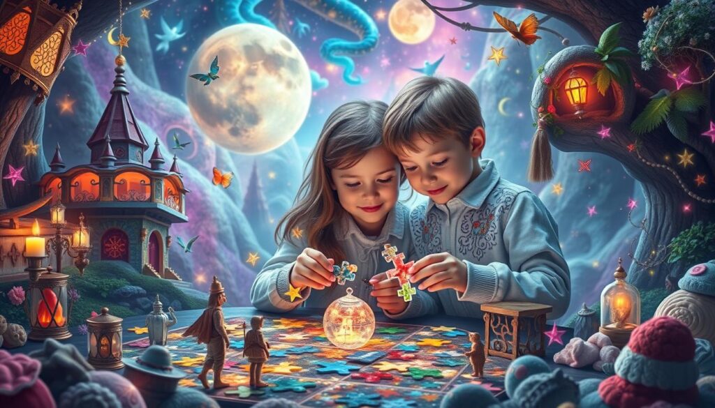 Generate an image of twin siblings working together to solve a mystery puzzle, with a magical world unfolding around them.