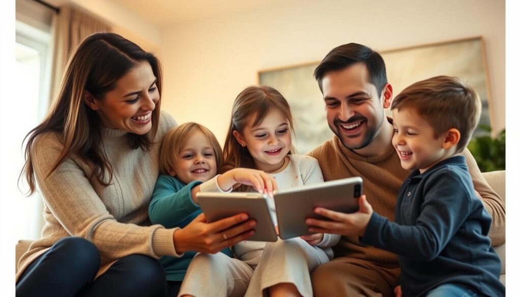 Happy family using educational apps together on a tablet Happy family using educational apps together on a tablet