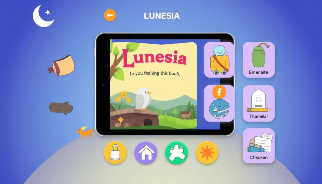 Image of Lunesia app interface showing a storybook with interactive vocabulary building activities
