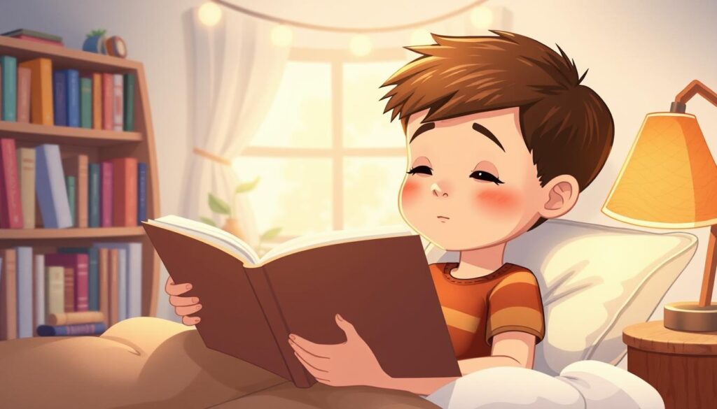 Image of a boy listening to a bedtime story with a calm expression