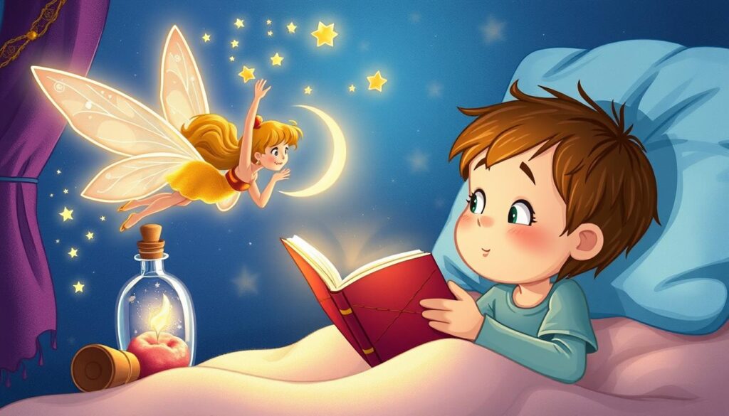 Image of a child listening to a bedtime story with a bottle fairy illustration