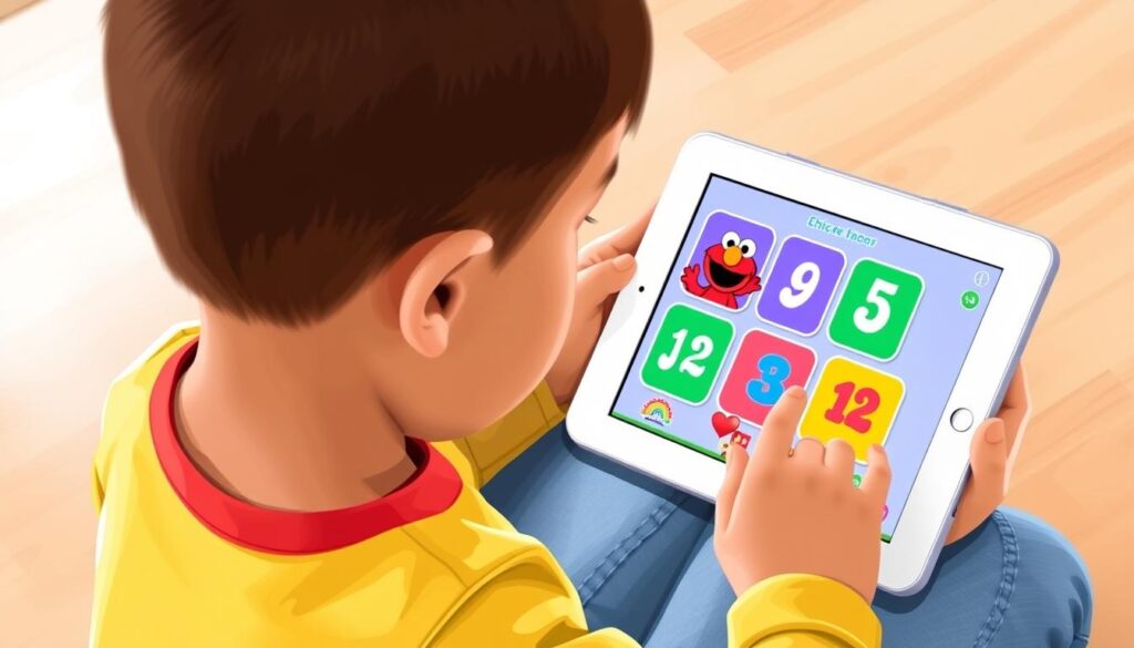 Image of a child using the Elmo Loves123s app on a tablet, with Elmo and numbers on the screen.