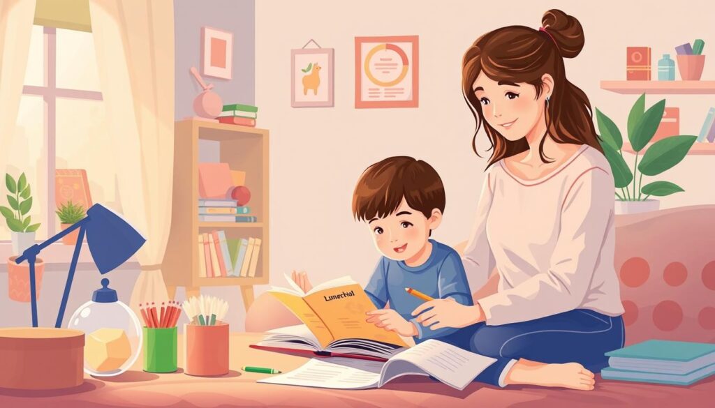 Image of a parent and child setting up a homeschooling area with Lunesia materials