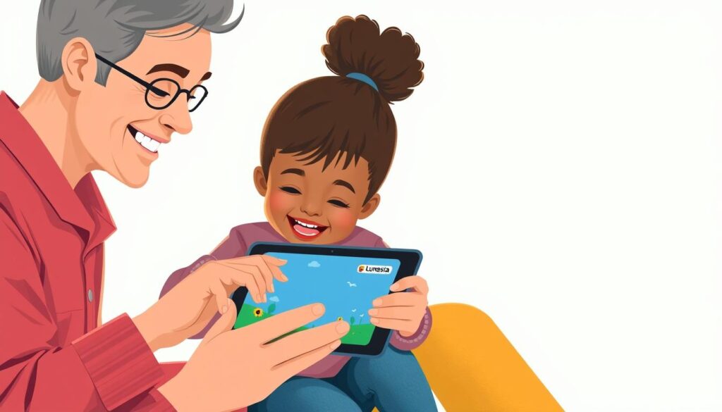 Image of a parent and child using Lunesia together on a tablet