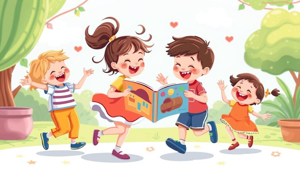 Image of kids moving and dancing while reading a book