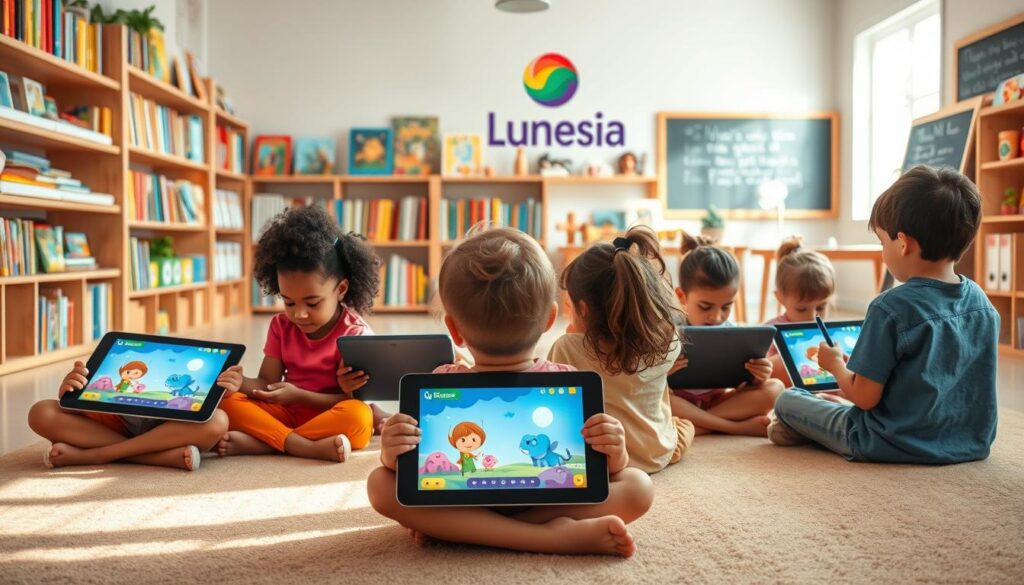 Lunesia interactive stories: a warm, whimsical scene showcasing the platform's engaging content. In the foreground, a group of diverse children sit cross-legged, immersed in a captivating tale displayed on their tablets. Soft, natural lighting filters through a window, casting a cozy glow. In the middle ground, bookshelves brimming with colorful storybooks and educational resources line the walls, hinting at the platform's breadth of offerings. The background features a serene classroom setting, with a chalkboard displaying Lunesia's vibrant logo. An atmosphere of wonder, learning, and creativity permeates the space, inviting users to explore the interactive world of Lunesia.