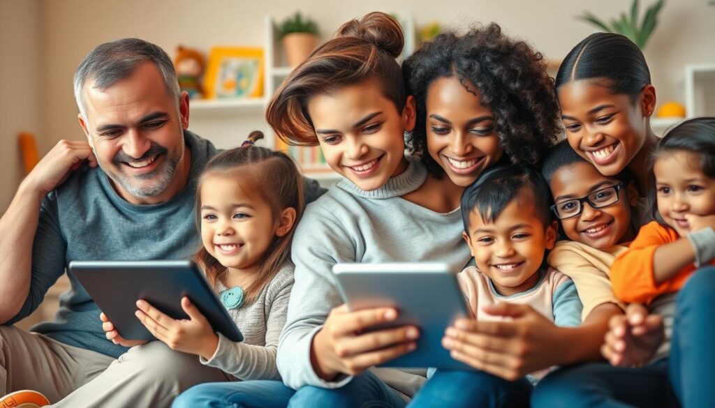 Lunesia success stories: a vibrant collage of happy, diverse families gathered around digital devices, embodying the ethos of healthy tech habits. Warm, muted lighting accentuates their genuine smiles and engaged expressions. In the foreground, a parent and child playfully interact with a tablet, while in the middle ground, another family enjoys a video on a laptop. The background features a cheerful, welcoming living room setting, with glimpses of educational toys and plants, conveying a sense of balance and mindfulness. The overall scene radiates a feeling of contentment, trust, and the seamless integration of technology into a nurturing, tech-savvy household.