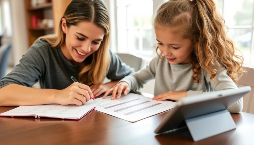 Parent and child creating a screen time plan together with educational apps 2025 visible Parent and child creating a screen time plan together with educational apps 2025 visible