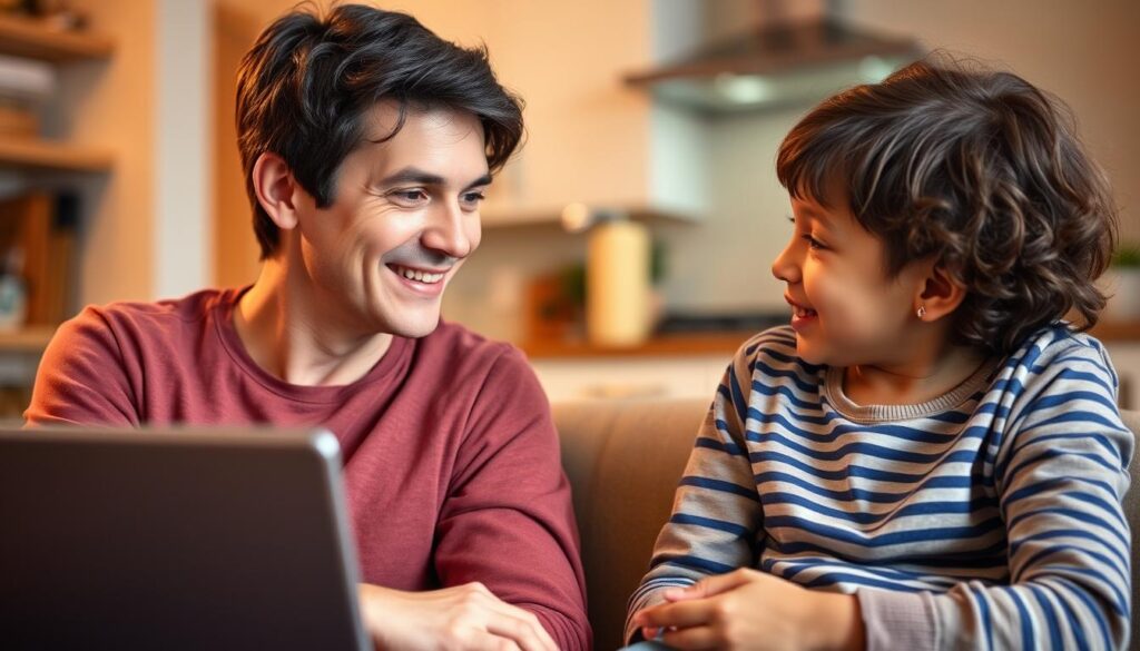 Parent and child discussing screen time rules with a timer visible Parent and child discussing screen time rules with a timer visible