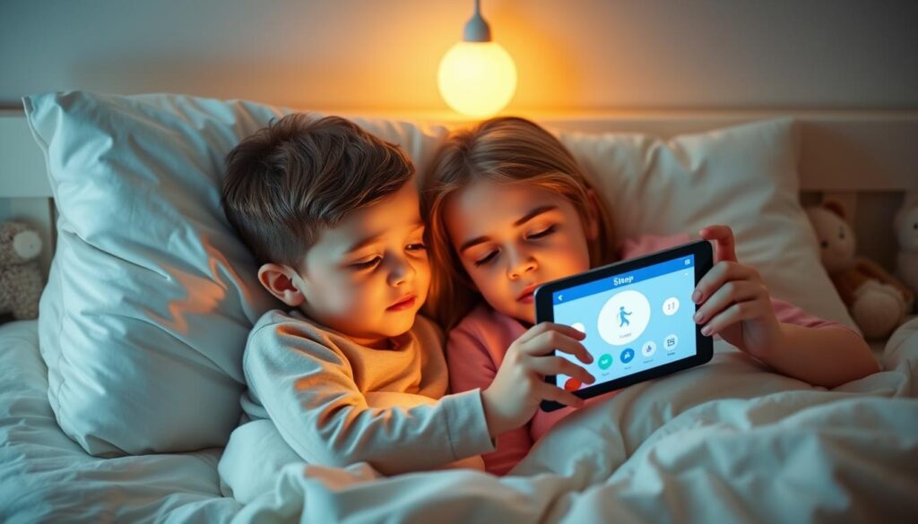 Parent and child using a sleep app together at bedtime Parent and child using a sleep app together at bedtime