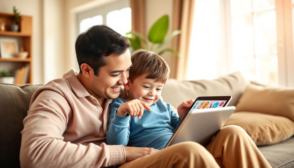 Parent and child using an educational app together on a tablet, showing Educational Apps 2025
