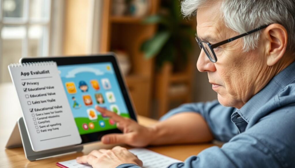 Parent evaluating an educational app on a tablet with evaluation criteria visible Parent evaluating an educational app on a tablet with evaluation criteria visible