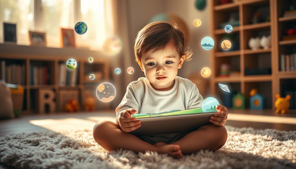 Peaceful, sun-lit scene of a young child sitting cross-legged on a plush rug, captivated by a tablet in their hands. Surrounding them, various interactive storybook elements float in the air - glowing orbs, animated characters, and shifting landscapes. The child's expression is one of wonder and delight, their eyes wide as they explore the digital world. Soft, dreamlike lighting casts a warm glow, emphasizing the sense of imagination and discovery. In the background, bookshelves and educational toys suggest a nurturing, learning-focused environment. The overall mood is one of warmth, curiosity, and the joys of interactive, immersive storytelling.
