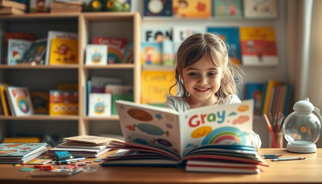 Personalized children's book creation featuring a young girl sitting at a desk, surrounded by colorful storybooks, decorative paper, and creative tools. Soft, warm lighting illuminates the scene, creating a cozy, imaginative atmosphere. The girl's expression is one of focused concentration as she carefully crafts and customizes her own storybook, bringing her unique vision to life. In the background, shelves filled with children's books and art supplies suggest a playful, educational setting. The overall composition conveys the joy and empowerment of designing a personalized children's book.