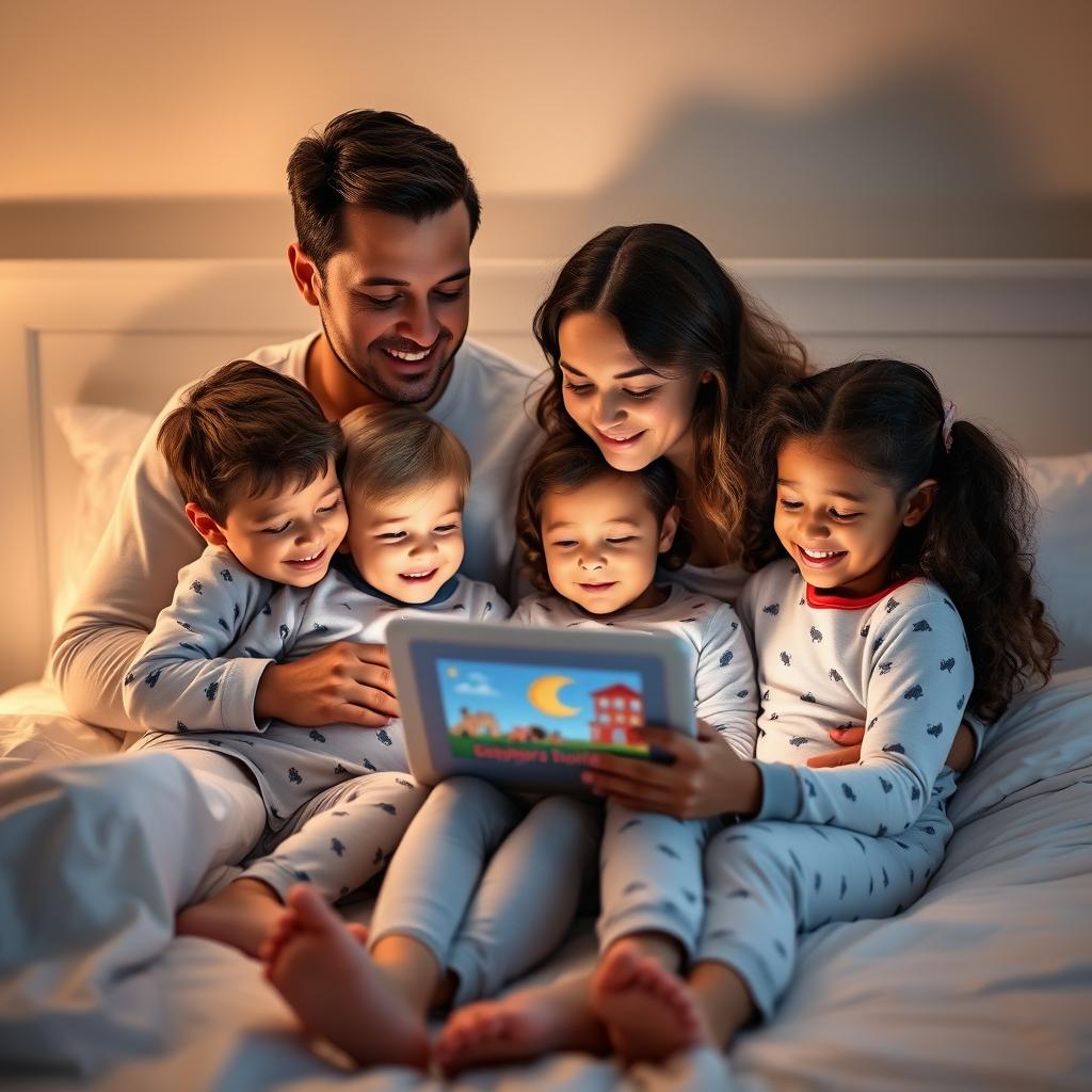 Portrait of parents with twins at bedtime Portrait of parents with twins at bedtime