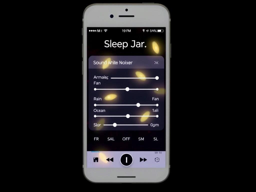 Sleep Jar app showing white noise generator and customizable sound options Sleep Jar app showing white noise generator and customizable sound options