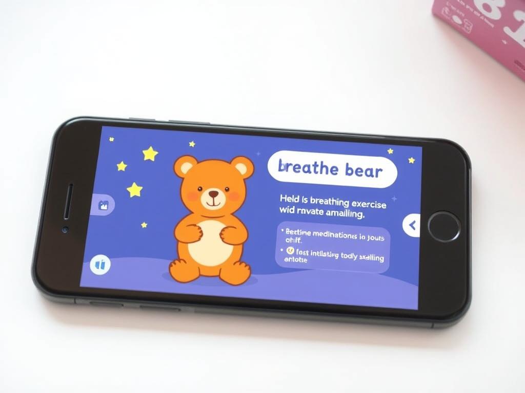 Sleep Little Bear app showing meditation interface with bear character and breathing exercises Sleep Little Bear app showing meditation interface with bear character and breathing exercises