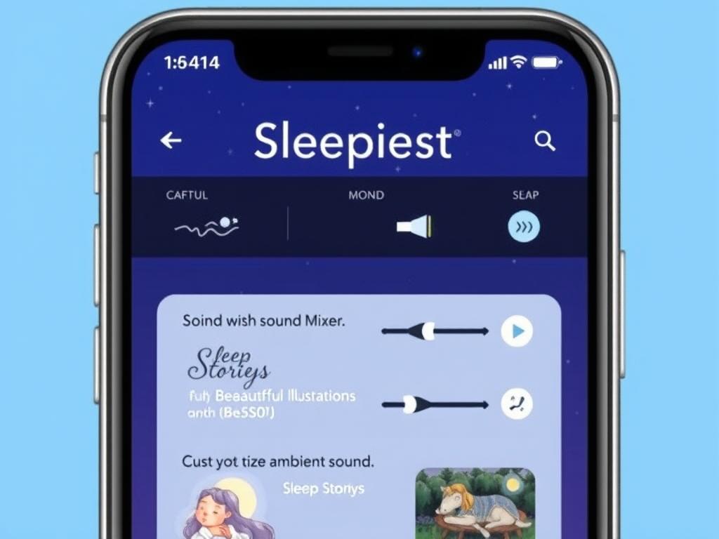 Sleepiest app interface showing sleep stories and sound mixer features Sleepiest app interface showing sleep stories and sound mixer features