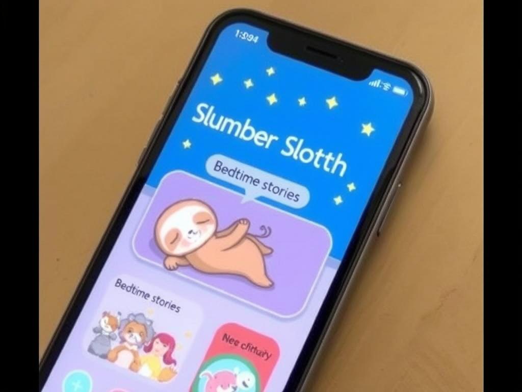 Slumber Sloth app showing cute sloth character and bedtime story selection Slumber Sloth app showing cute sloth character and bedtime story selection