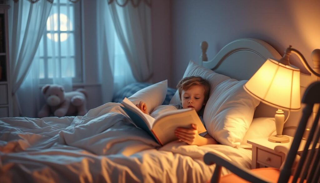 Soft, cozy bedroom scene with a young child snuggled under plush bedding, listening intently to an adult reading from a storybook by the warm glow of a bedside lamp. Gentle, muted colors create a serene, comforting atmosphere. Subtle details like moonlight filtering through a window, a stuffed animal companion, and a classic rocking chair add to the tranquil, nurturing mood. Evenly lit, with a shallow depth of field to focus attention on the central figures. Realistic, photographic style with a touch of dreamlike quality.