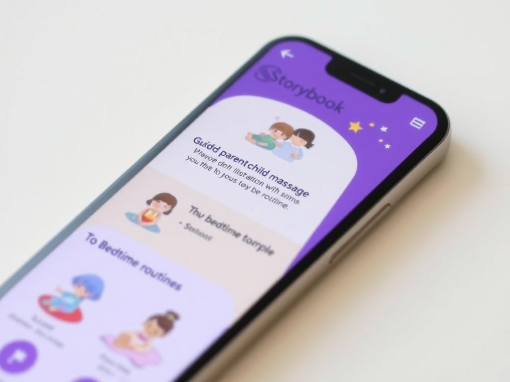 Storybook app interface showing guided relaxation and massage techniques for parent-child bonding Storybook app interface showing guided relaxation and massage techniques for parent-child bonding